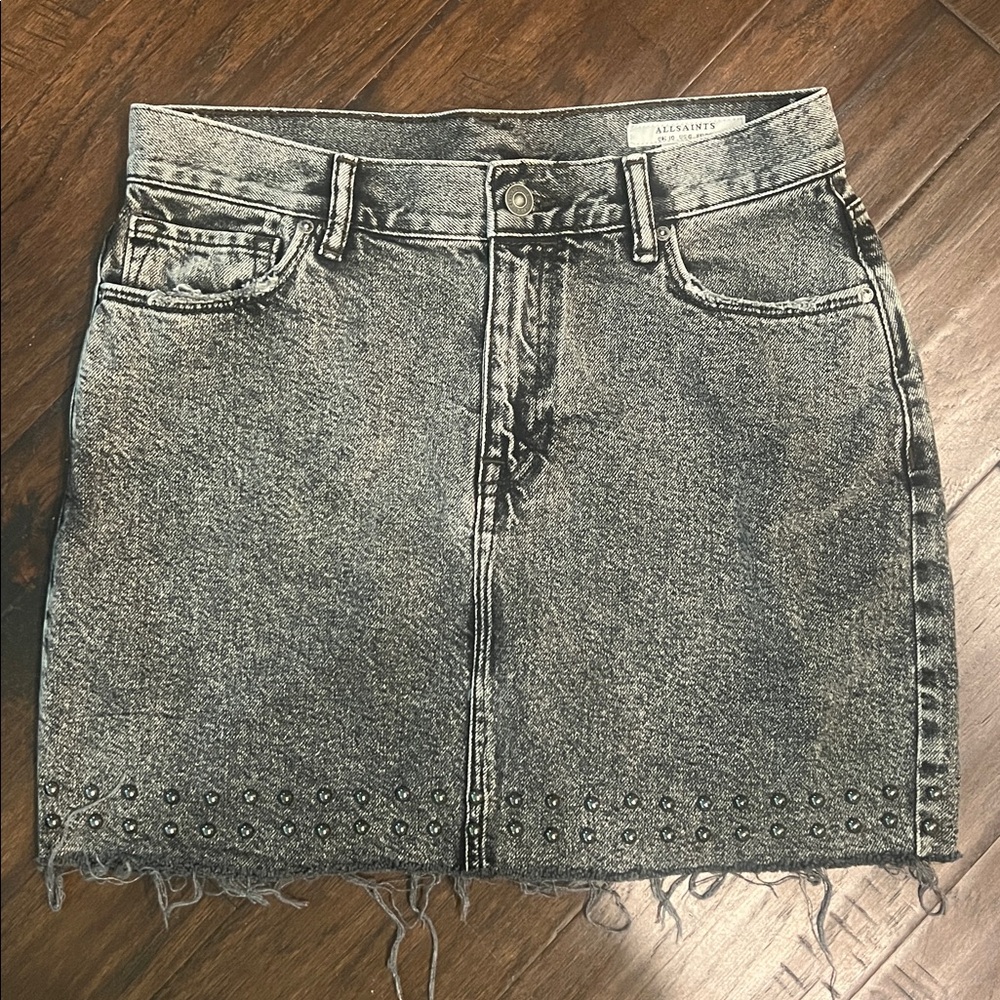 AllSaints Distressed Grey Studded Jean Mini skirt size US6